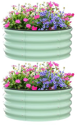 Garvee Lot de 2 bacs ronds surélevés en acier galvanisé - Jardinière exterieurérieure idéale pour fleurs, herbes, légumes - Fond ouvert robuste, installation facile - Olive - Round 2*2*1FT Olive Green