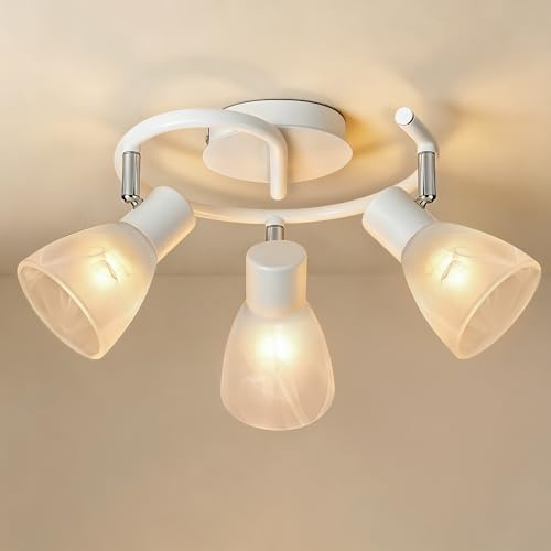 Unikcst Deckenstrahler 3 Flammig E14 Weiß schwenkbare Spots Glas | 3 verstellbare Spots 350° drehbar und 90° neigbar Metall-Glas Design rundes Gehäuse für Wohnzimmer Schlafzimmer Küche