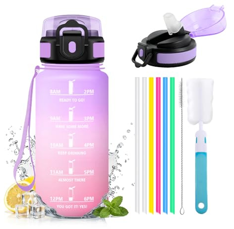 JAPORIA Trinkflasche 500ml, Sportflasche mit Strohhalm, Kohlensäure Geeignet, Wasserflasche mit Zeitmarkierung für Fitness, Büro, Schule
