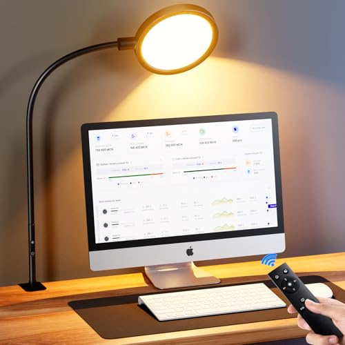 TYEE LED Schreibtischlampe,12W Tageslichtlampe mit Fernbedienung,Stufenloses Dimmen/Farb Büro Tischlampe,Klemmbare Dimmbare Monitor Lampe für Videokonferenzen