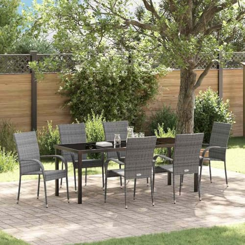 Ziaphsol Garten Essgruppe 7-teilig Grau aus pulverbeschichtetem Stahl mit wetterfestem Poly-Rattan für Balkon, Terrasse, Garten, Outdoor, ESS- und Loungebereich, langlebig, modernes Design