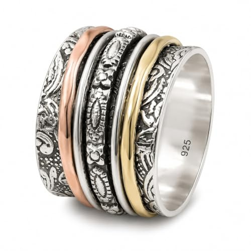 Three Tone Spinner Band Rings, Anxiety Ring for Meditaion, 925 Sterling Silber Band, Messing und Kupfer Spinnring für Frauen, Gift Ring for Mother's Day