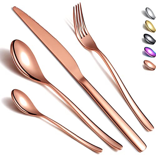 Cutlery Set 24 Pieces, Kyraton Stainless Steel Rose Gold Flatware Set, Titanium Plating Rose Gold Silverware Set Strong Anti Rust, Dishwasher Safe, Tableware Set Serving 6 People.