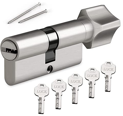Hengsong Cilindro de cerradura con pomo cilíndrico, cilindro para puerta 35/35, incluye 5 llaves, metal plateado, de aleación de zinc