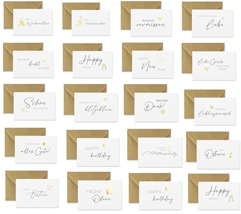 Merz – 20 Grußkarten Set mit Umschlag in Naturpapier – Klappkarten für jeden Anlass – Weihnachten, Ostern, Liebe, Abschied, Danke, Neues Jahr, Geburt – 100% Made in Germany