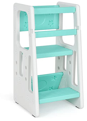 COSTWAY 2 en 1 Tour d'Apprentissage pour Tout-Petits 18-60 Mois avec 3 Hauteurs Réglables(30/40/50cm), Tour d'Observation en HDPE avec Repose-pieds Antidérapants, 47x47x90cm