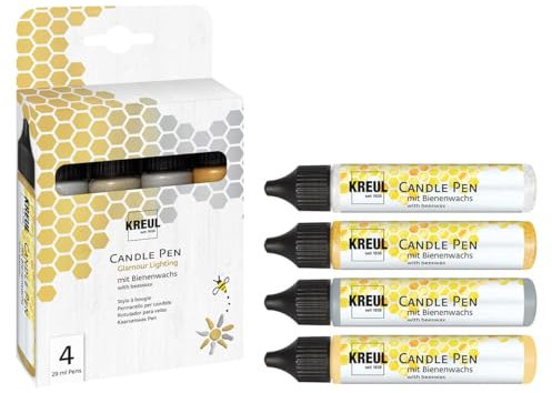 KREUL 49756 - Set di 4 penne per candele Glamour Lighting, 29 ml ciascuna, punta fine per pittura, colori con cera d'api per decorare e dipingere le candele
