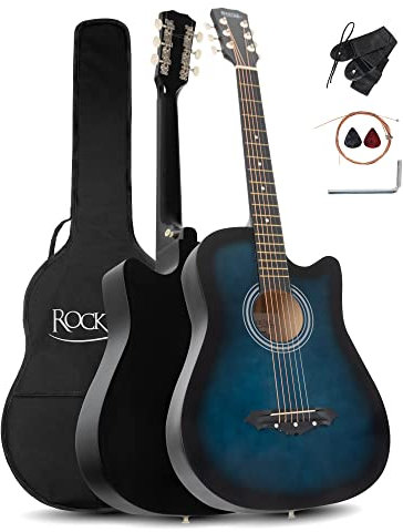 Rocktile WSD-5C-BUB Slim Line Westerngitarren Set - Dreadnought Akustik Gitarre - Westerngitarre mit Korpus aus Linde - Hals: Catalpa - Set inkl. Tasche, Ersatzsaiten, Gurt und Plektren - Blueburst