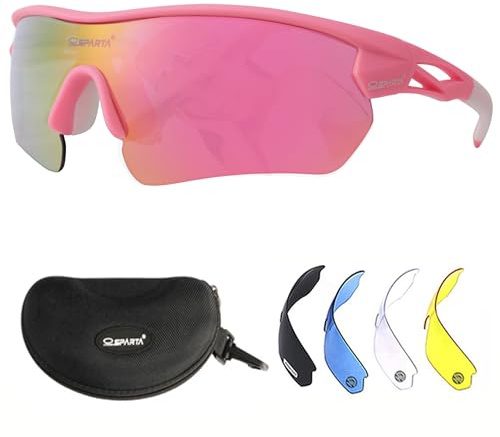 OUTDOORSPARTA Polariserade sportsolglasögon med 5 utbytbara linser för män och kvinnor TR90 obebrytbar ram (2. Rosa Ram, Rosa Lins)