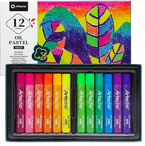 Artecho Ölpastellkreide Fluoreszierende 12er Leuchtfarbe Set, lichtechte Farben, Sanfte Berührung, Einfaches Mischen und Schattieren, Ideal für Künstler, Hobbymaler, Schule. | Weiche Ölpastellkreide, für Kunstmalerei, Zeichnen, Mischen, für Künstler, Anfänger, Studenten, Lehrer