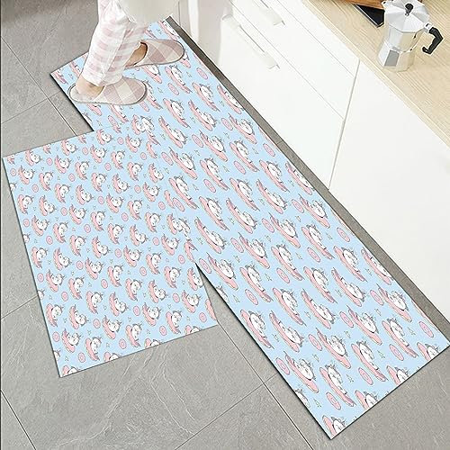 Küchenläufer Küchenmatte 2 Stück 45x70cm+45x120cm,Einhorn-Party, Cartoon mythische Tiere schlafen auf Donuts mit Sternen,Rutschfest Pflegeleicht, Anti-Müdigkeit Küchenteppich Teppich Läufer für Küche
