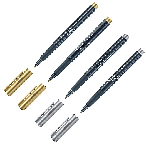 Faber-Castell 205073 - Marcador Metallics con punta de fibra, 4 piezas, apto para muchas superficies, efecto metálico en oro y plata