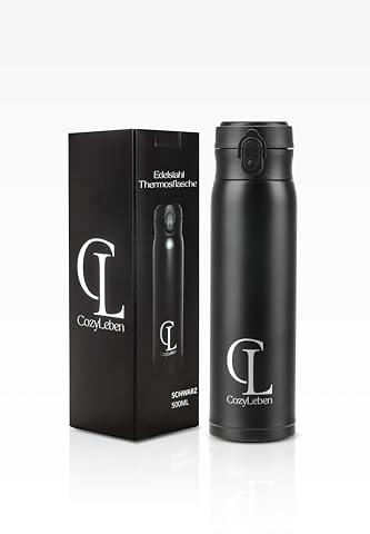 CozyLeben auslaufsichere Trinkflasche Edelstahl 316 500ml mit EinKlickAktion - schlanke und leichte Wasserflasche - BPA-frei und Doppelwandige Isolierte Thermosflasche für Kinder, Büro, Business