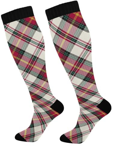 ZRWLUCKY Damen Kniestrümpfe, Weihnachtsbüffel, kariert, rot, Kompressionsstrümpfe, lang, weich, Sportsocken für Laufsport, Weihnachten Büffel Karo Rot Sport, Einheitsgröße