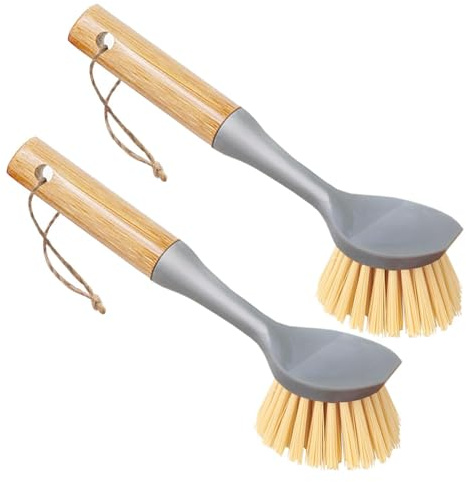 Yitaocity 2 Pack Kitchen Dish Brush, Bamboo Handle Dish Scrubber Built-in Scraper, Multi-Function Scrub Brush for Dishes,Pans,Pots, Kitchen, Bathroom (Gray)