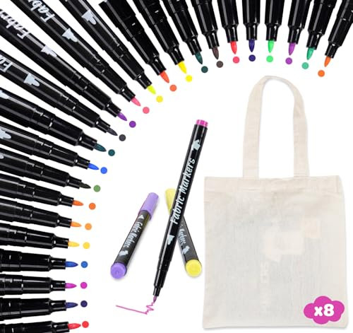 ABSOFINE 24 Textilstifte Waschmaschinenfest, 24 Farbe Stoffmalstifte Mit 8 Stofftaschen für Junge Mädchen, Waschfest Textilfarbe Textilmarker für T-shirt Stoffbeutel Hüte DIY-Basteleien Kleidung