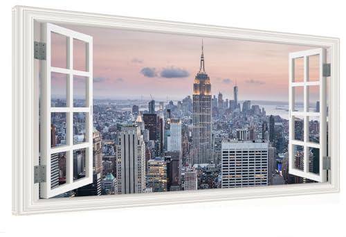 Window View New York Skyline Canvas Wall Art- City Landscape Canvas Print Pictures Painting Artwork Framed for Living Room Bedroom Bathrom Offce Decor-20x40