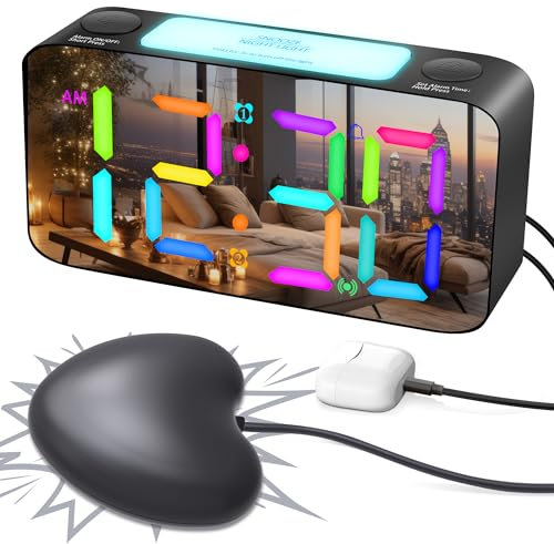 Extrem Lauter Vibrationswecker Bettschüttler für Gehörlose/Tiefschläfer/Schwerhörige, RGB Digitaler Wecker für Kinder Schlafzimmer, Großen Zahlen/USB-Ladegerät/Nachtlicht/Speicher für das Ausschalten