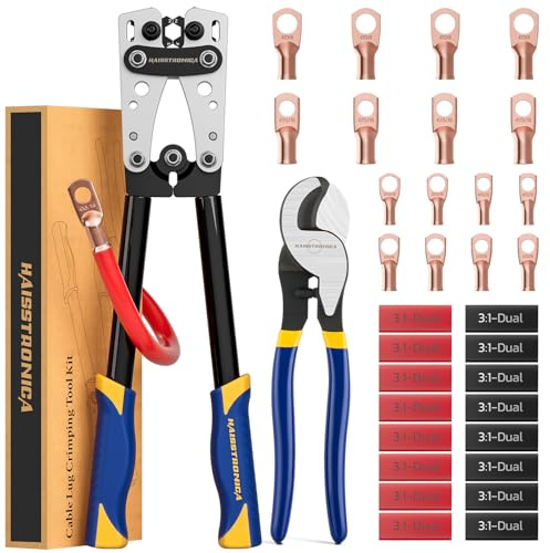 haisstronica Heavy Duty Battery Cable Crimping Tool Kit-Ratchet Hex Extended Handle Crimper for 8,6,4,2,1,1/0 AWG Copper Lugs with Cable Cutter, 32PCS Copper Lugs&Heat Shrink Tubing