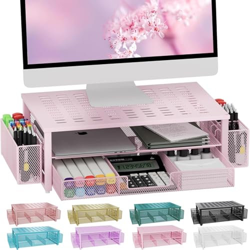 gianotter Support de moniteur avec tiroir et porte-stylo, organiseurs de bureau et accessoires, rehausseur de moniteur à 2 niveaux, décoration de bureau rose pour femme (rose)