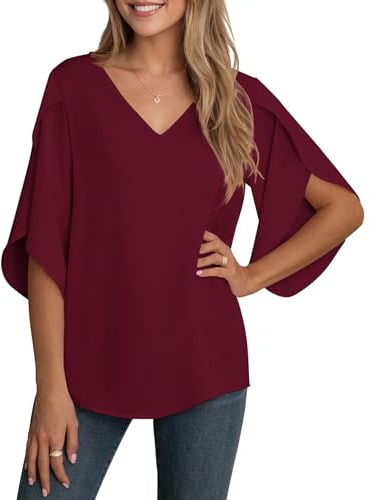 YGJIEGENGENG Women's Elegant 3/4 Sleeve Shirt 3/4 Top Summer Casual Woven Chiffon V-Neck Blouse Blouse Split Sleeve Burgundy XL