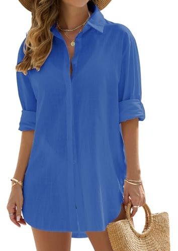 Vancavoo Vestidos de Playa Mujer Camisolas de Playa Bikini Cover Up Camisas de Manga Larga Suelta Pareos de Casual Color Sólido Blusa con Botón para Verano(Azul Oscuro,M)