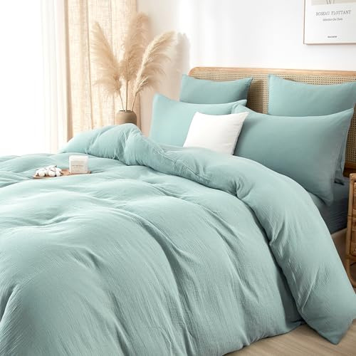 Luofanfei Muslin Bettwäsche 135x200 Baumwolle Mintgrün Grün Renforce Uni Sommer Kühlende Bettwäsche Set Weiche Bettbezug Knitterlook Bügelfrei mit Reißverschluss und Kissenbezug 80x80cm