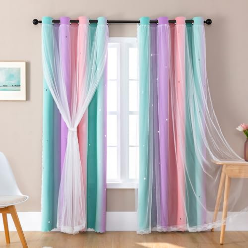 XiDi Blackout Nursery Curtains 52x84 Inch - 80% Light Blocking Star Cutouts Thermal Insulated Rainbow Curtains for Baby Room/Girls Bedroom (2PCS)
