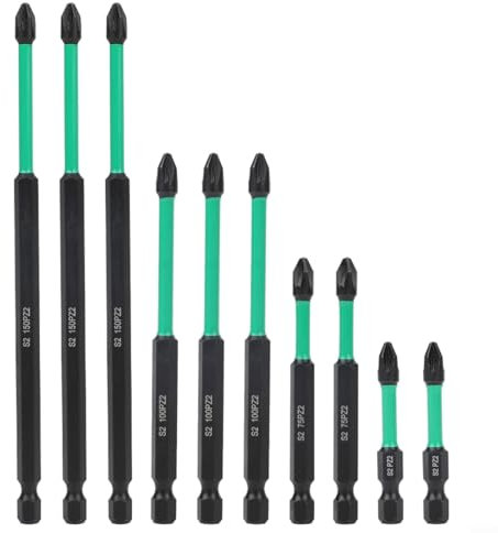 Schraubendreher-Bits, 10 Stück PZ2 magnetische Schraubendreher-Bits, robust, lang, Pozidriv, Sechskant-Schraubendreher-Bit-Set, 150 mm, 100 mm, 75 mm, 50 mm