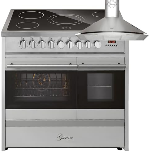 GURARI Elektrisk stående spis GCH E 912 DF X+GCH C 046 IS 9, elektrisk spis 90 cm med 1-vägs teleskoputdrag, dubbel ugn köksfläkt 90 cm