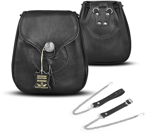 Kilt Emporium Rob Roy lädersporran, handgjord medeltida renässans skotsk kilt midjeväska, med utsmyckad tennstängning, Svart, 7.5 Inches Width, 8.5 Inches Length, Sporran