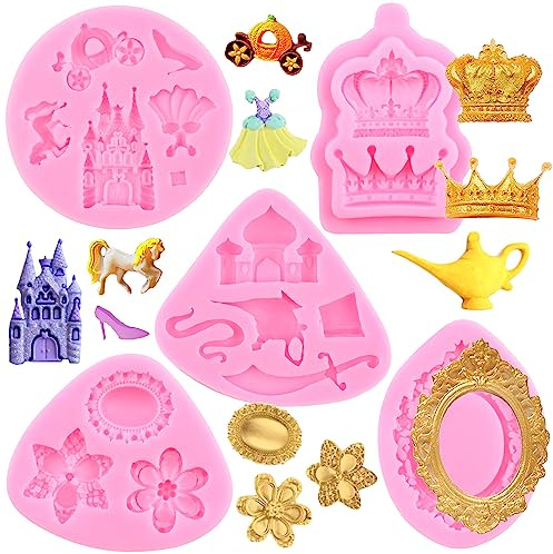 RFGHAC Lot de 5 moules en silicone pour cadre photo, moule à fondant Cendrillon, couronne, château, robe de princesse, moules avec mythe d'Aladdin pour décorer les gâteaux, argile polymère, pâte à