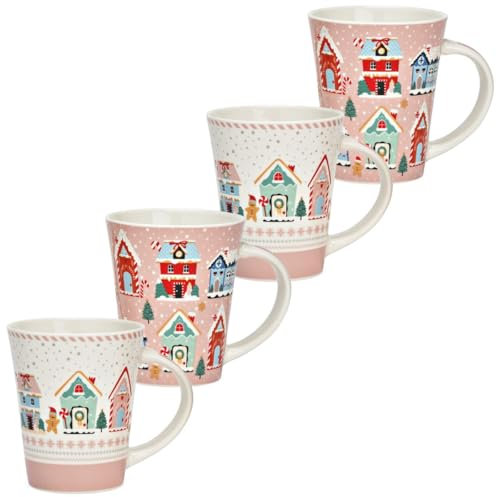 Set di 4 tazze natalizie in porcellana da 350 ml con motivi di casa di città, tazze da caffè con motivo villaggio di Natale, lavabili in lavastoviglie, ideali per caffè, tè o vin brulé