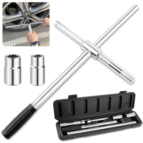 Figpade Extended Lug Nut Removal Tool Kit with 4 Way Lug Wrench,23 Telescopic Tire Iron Lug Wrench with 2 Standard Sockets(17,19,21,23mm) and Case,Portable Lug Nut Wrench for Most Vehicles