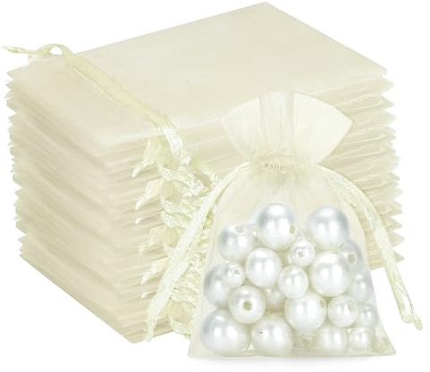 G2PLUS 100 Stück Creme Organzasäckchen 7x9cm: Kleine Geschenk Organzabeutel, Organza-Beutelchen mit Kordelzug Sie als Hochzeit Bonbonsbeutel, Schmuckbeutel, Geschenkbeutel