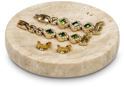 HAMAKAWA Jabonera de mármol travertino natural, bandeja pequeña redonda beige de 4.5 pulgadas, plato de joyería de piedra moderna, baratija decorativa para anillos, aretes