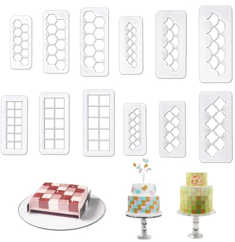 Selecto Bake 12 Pcs Cake Fondant Cutter, Fish Scale Fondant Cutters 4 Size Geometric Biscuit Mould Decorating Cookie Cutter Cake Border Decorating Tool for Square, Hexagon