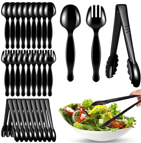ALEXPRE 30 Pcs Disposable Black Plastic Serving Utensils,10 Set Including 9 Plastic Serving Spoons, Forks and Tongs for Dinner Parties, Buffets,Banquets, Events, Weddings, and Daily Use