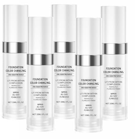 Colour Changing Foundation for Mature & Aging Skin, Naturally Moisturizing Liquid Foundation Makeup Base, Brightens Complexion, Long Lasting Waterproof Sunscreen, Face Cover Concealer (5 PCS)