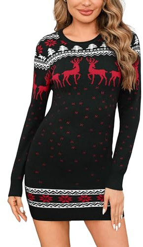 Litherday Women's Christmas Jumper Dress Pullover Knitted Ugly Christmas Sweater Festive Holiday Long Sleeve Mini Christmas Dress Winter Outfit with Reindeer Motif