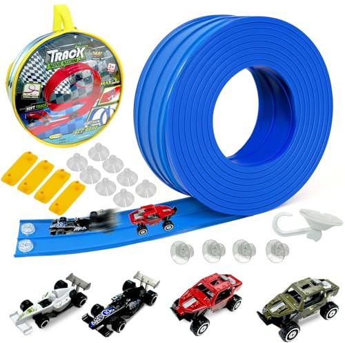 Pista Macchinine Arrotolabile, Set da Pista Auto Flessibile 4 M Include 4 Auto, Giocattolo per Bambini, Pista Da Corsa con Veicolo Incluso, Doppia Pista e Quattro Macchinine con Accessori