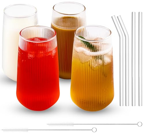 Vexillic Verre avec Paille, Lot de 4 Gobelets en Verre a Eau 500ML Classique avec Bpaille et Brosse pour Soda Jus Lait Cocktail