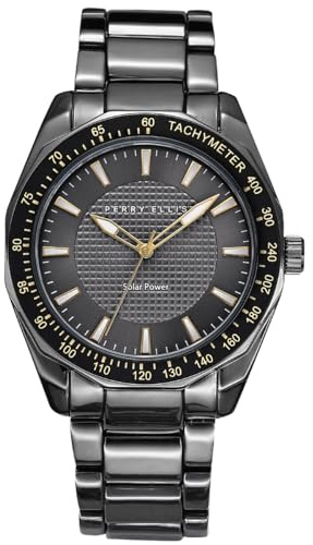 Perry Ellis Solar Men’s Watch – Round Gunmetal Dial and Alloy Band, Water-Resistant Analog