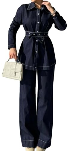 Completo da Donna in due pezzi elegante casual e formale per l'ufficio composto da camicia in denim a maniche lunghe con vita alta e jeans larghi a vita alta primavera e autunno (Blu scuro,M)