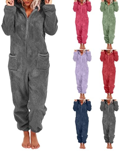 Combinaison Pyjama Femme Hiver Chaud Polaire Pyjama Pilou Pilou Femme Zippée À Capuche Moelleux Combinaisons Une Pièce Peluche Oreilles de Chat Loungewear Grenouillere avec Poches (1-Dark Gray, L)