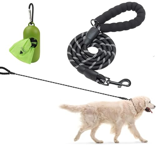 Rope Dog Lead with Soft Padded Handle, Reflective Lead Durable & Weather Resistant Climbers Rope with Reflective Stitching for Small Dogs, 1.2 m × 1.0 cm, Black (Black, 150 * 1.0cm)