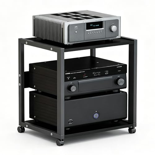 NEHCFO Mobile Stereo Hi Fi Rack Audio con ruote, Audio AV Tower Media Stand 2/3 livelli regolabili (solo 3 livelli), supporto amplificatore CD metallo MDF(2-layer)
