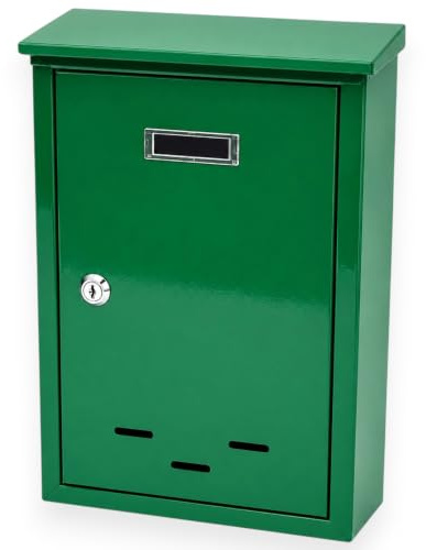 KORAT Cassetta Postale da Esterno in Acciaio, Cassetta delle Lettere con Serratura e 2 Chiavi, Cassetta Posta da Parete con Tetto Parapioggia, Portanome e Kit di Fissaggio, Verde 24 x 36 x 9,5 cm