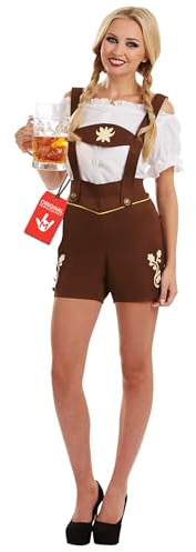 Fun Shack Oktoberfestdräkt för Damer, Brun Lederhosen & Vit Rynkad Skjorta med Hängslen, Temafest Karneval, XL