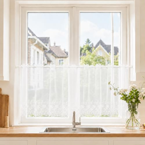 Joyswahl Scheibengardine Voile Bistrogardinen Bestickt Jasmin 30x120cm Weiß | Mit Lochleiste,Kurzgardine,1er Pack,Küchengardinen Transparent,Kurzstores Wohnzimmer Küche,Fenstergardinen landhaus